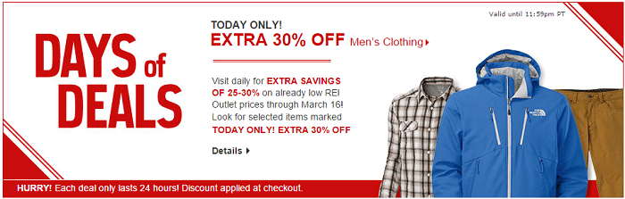REI Sale: Extra 30% OFF Select Menâ€™s Clothing (TODAY ONLY) and more ...