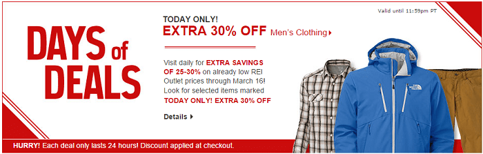 REI Sale: Extra 30% OFF Select Menâs Clothing (TODAY ONLY) and more ... REI Sale: Extra 30% OFF Select Menâs Clothing (TODAY ONLY) and more ...