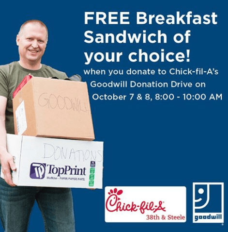 chick fil a free breakfast sandwich with goodwill donation friday