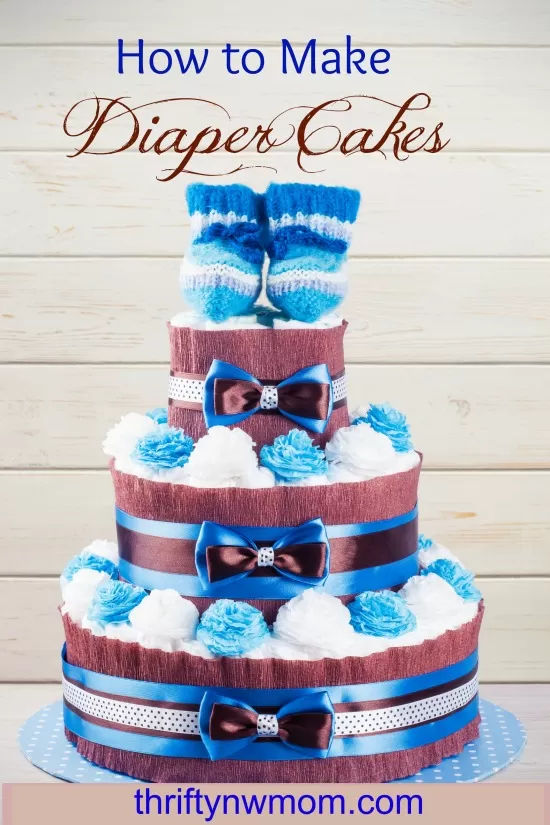 cake made from diapers standing on wooden table