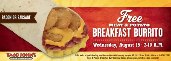 Taco Johns – Free Breakfast Burrito This Morning (8/15)