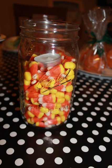 simple halloween decoration - candy corn & mason jars & votive candle