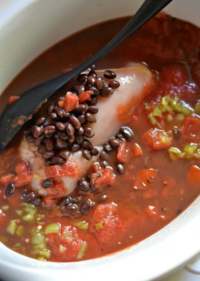 Slow Cooker Chicken Tortilla Soup ingredients in Crockpot