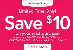 Toys R Us Coupon: $10 off $10 Mobile Coupon