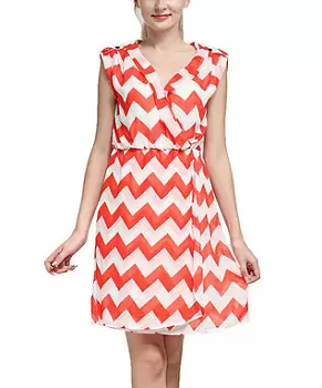 Red Zigzag Faux Wrap Surplice Dress