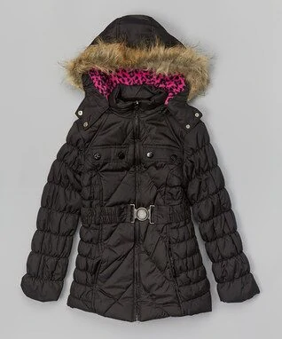 Black & Pink Belted Puffer Coat - Girls