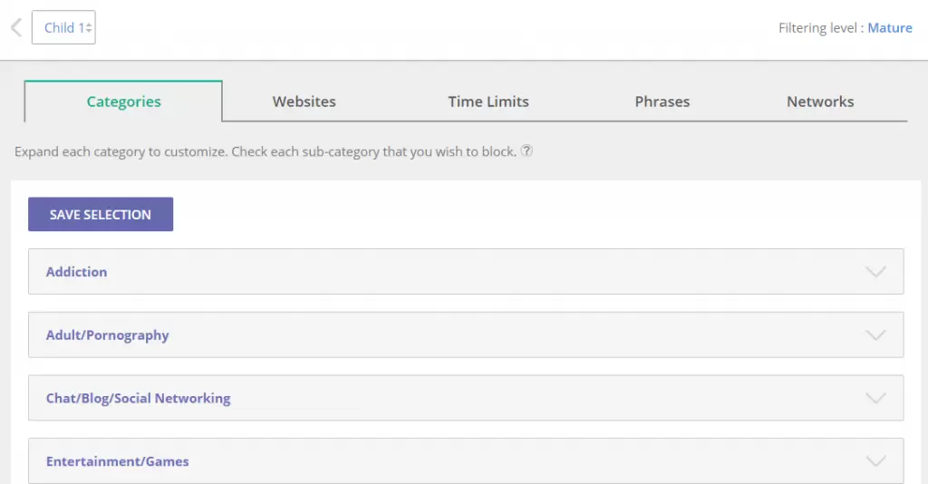 Mobicip setting parameters