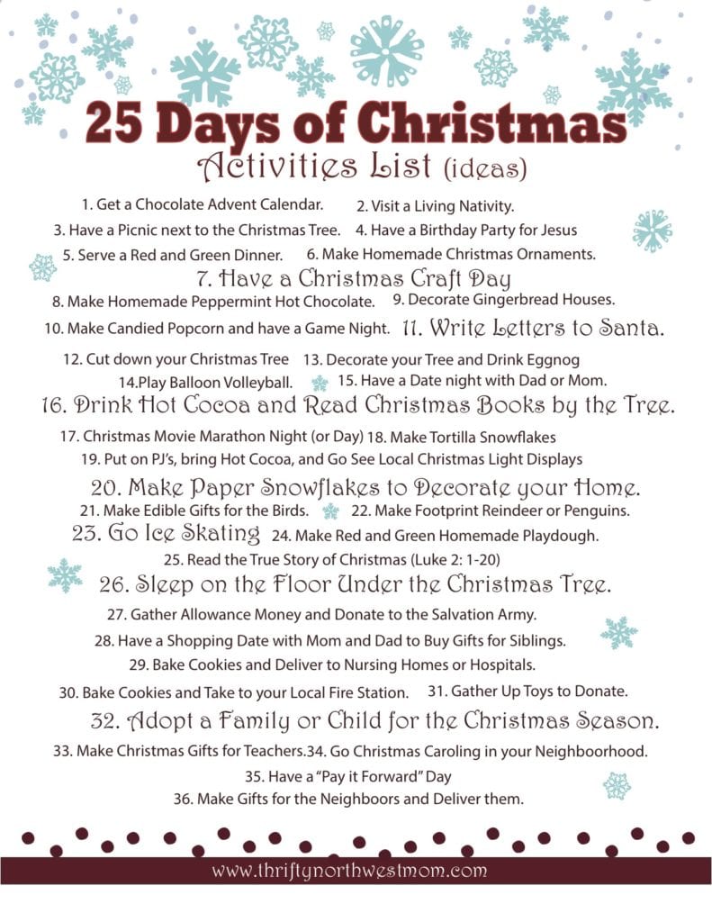 25 Days of Christmas Free Printable List of Activities