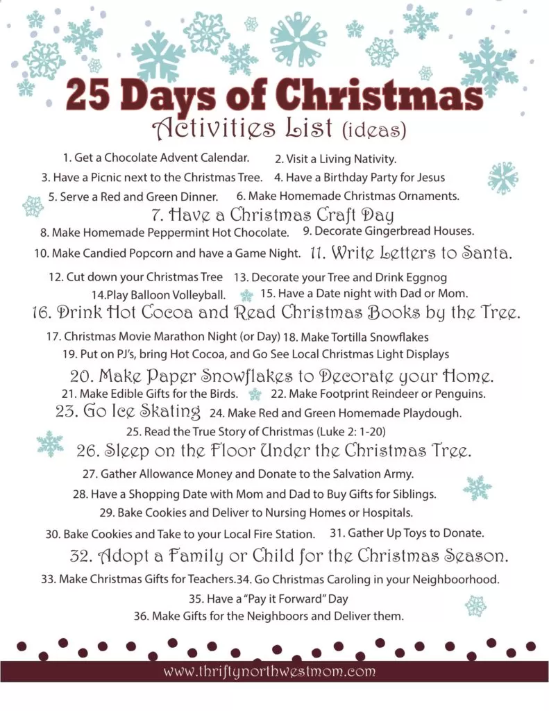 25 Days of Christmas Free Printable List of Activities