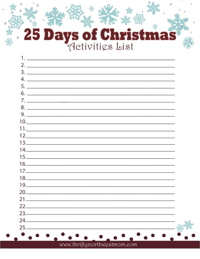 Liste d'activités à remplir pour les 25 jours de Noël