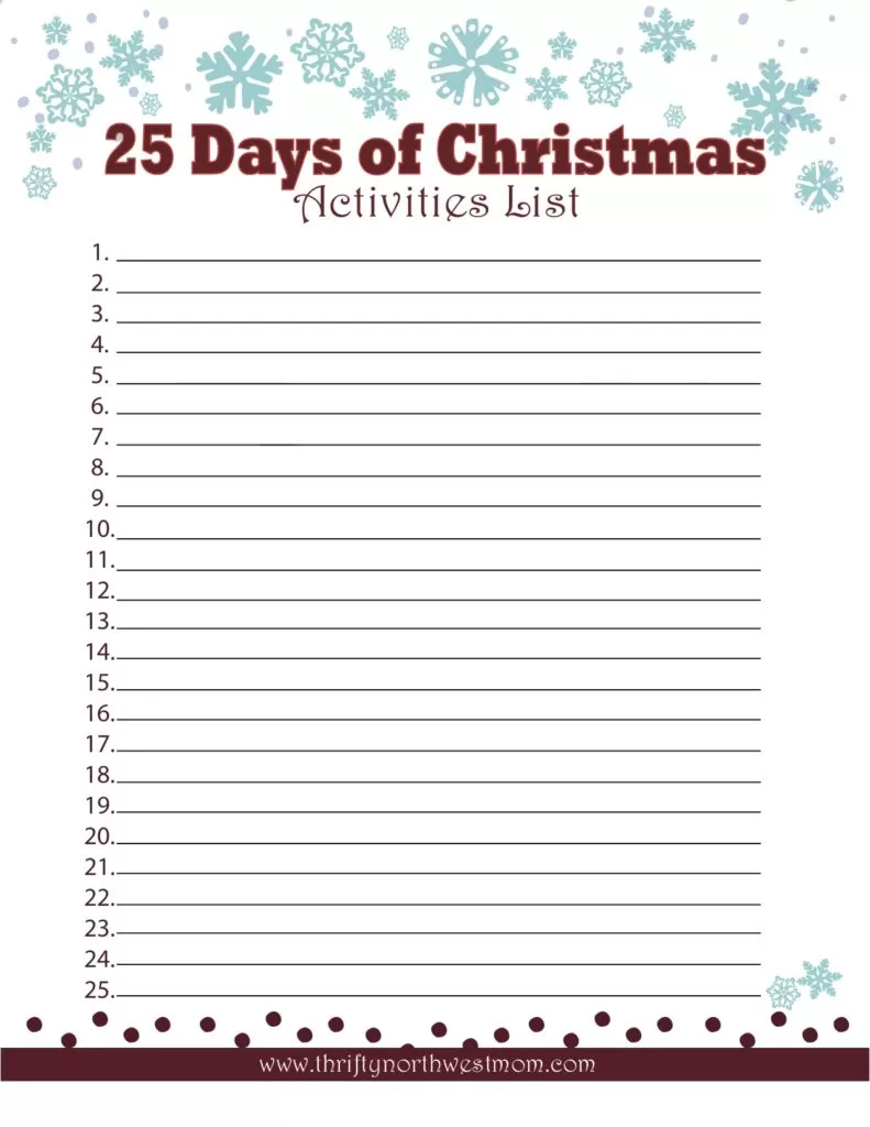 25 Days of Christmas Fillable List for Activities