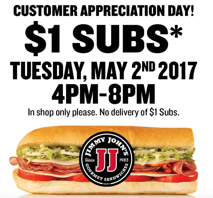 $1 Subs at Jimmy Johns – Tuesday May 2nd – Customer Appreciation Day