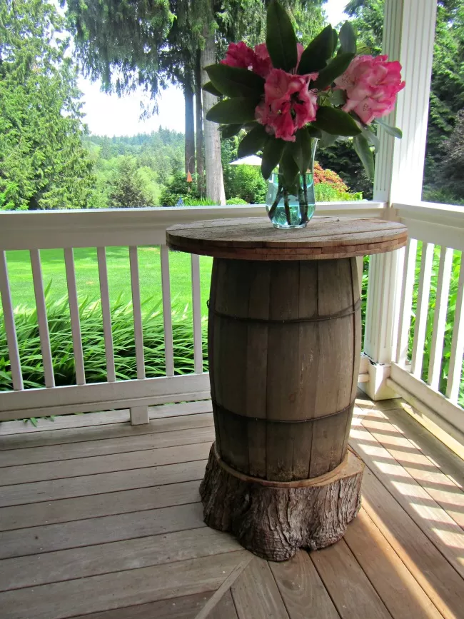 wooden barrel bar table