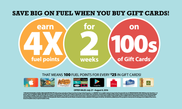 Fred Meyer 4X Fuel Points on Gift Cards through August 9th, 2016!