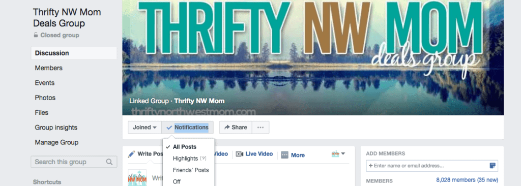 Notifications for Thrifty NW Mom FB Deals group