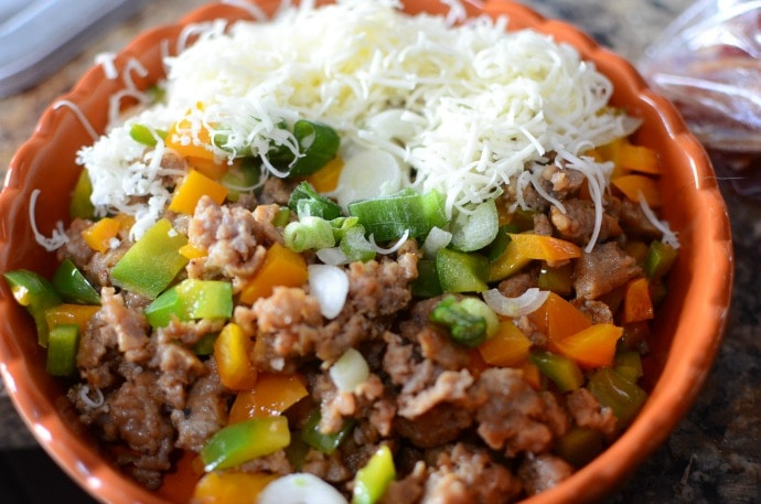 Ingredients for making breakfast quiche in muffin tins