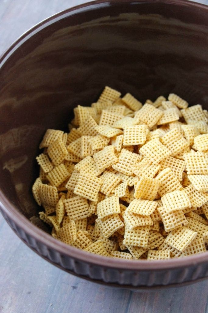 Bowl of Chex for Chex Mix Muddy Buddies recipe