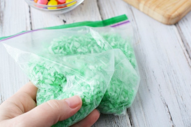 Shredded coconut as grass for easter basket cookies