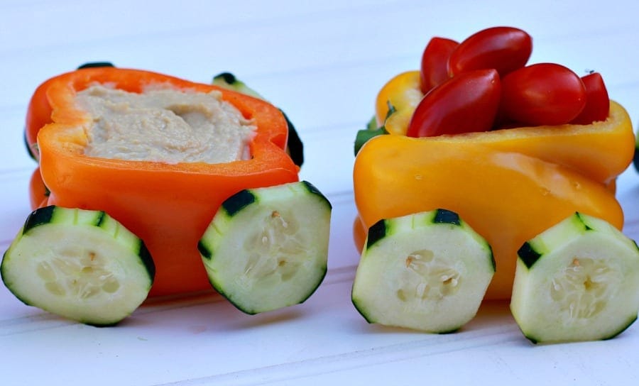Veggie Train with hummus dip is a kid-friendly appetizer