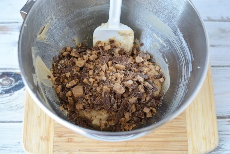 Heath Bar mixed with dip ingredients for Toffee Apple Dip