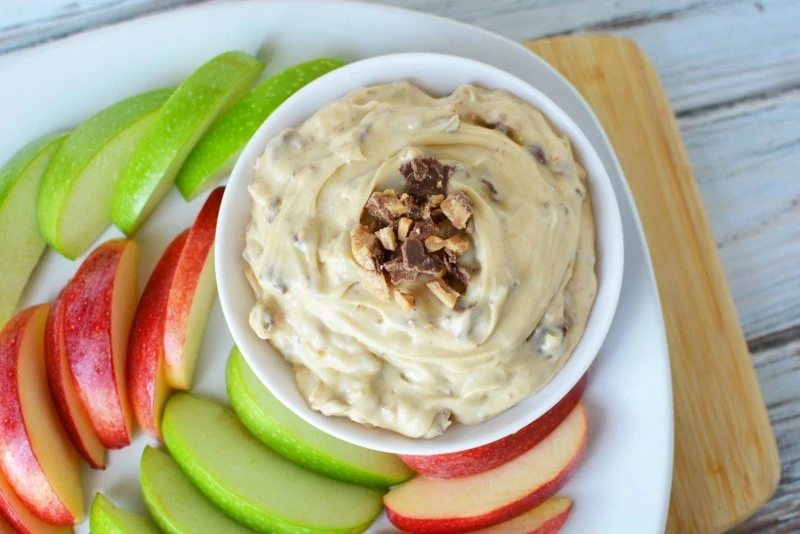 cream cheese caramel apple dip made with toffee