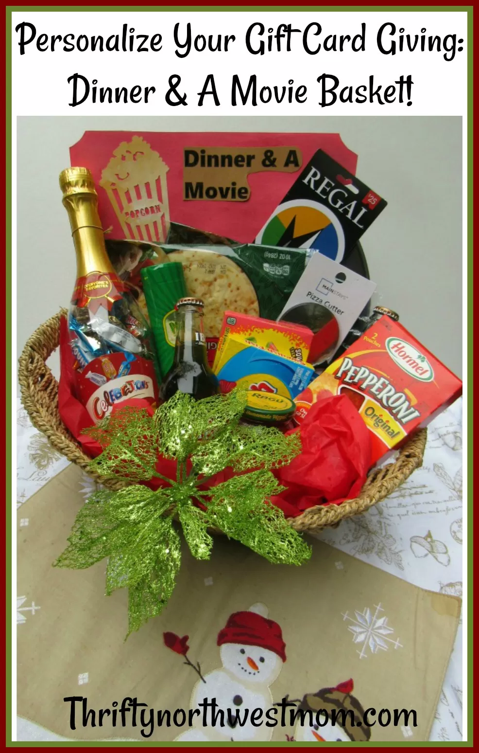 Personalize your Gift Card Giving with this creative dinner & a movie basket for a Christmas gift for a family, couple, teacher, teens and more. 