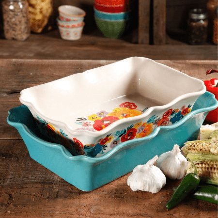 The Pioneer Woman Flea Market 2-Piece Decorated Rectangular Ruffle Top Ceramic Bakeware Set