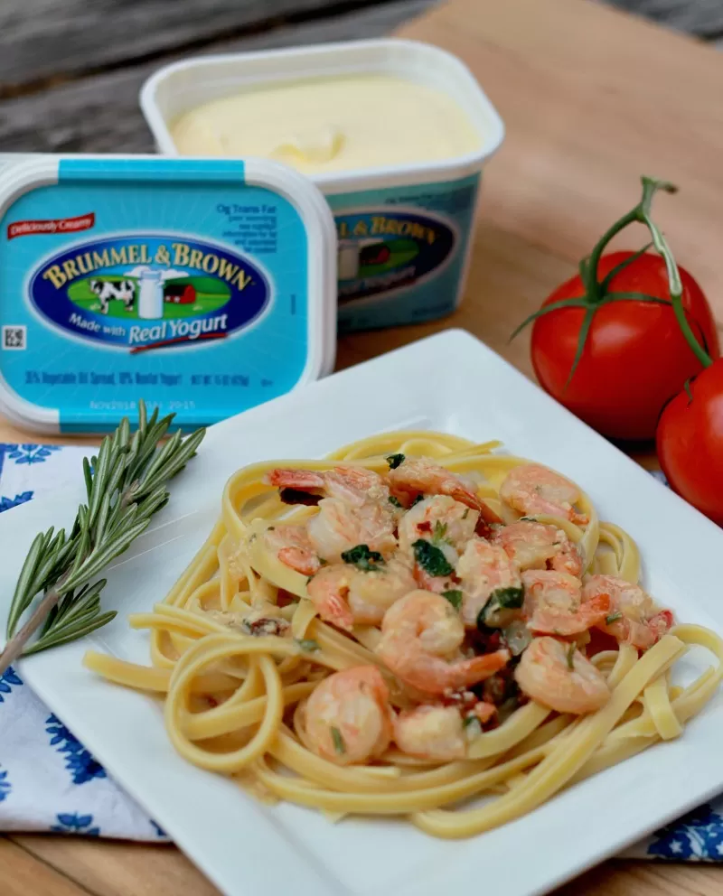 Tuscan Shrimp Scampi with Brummel & Brown Spread for a creamy, healthier dish.