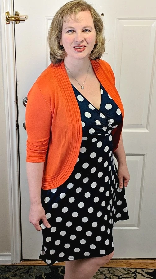 Polka dot dress & orange sweater