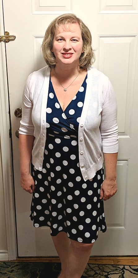 Polka dot dress & white sweater