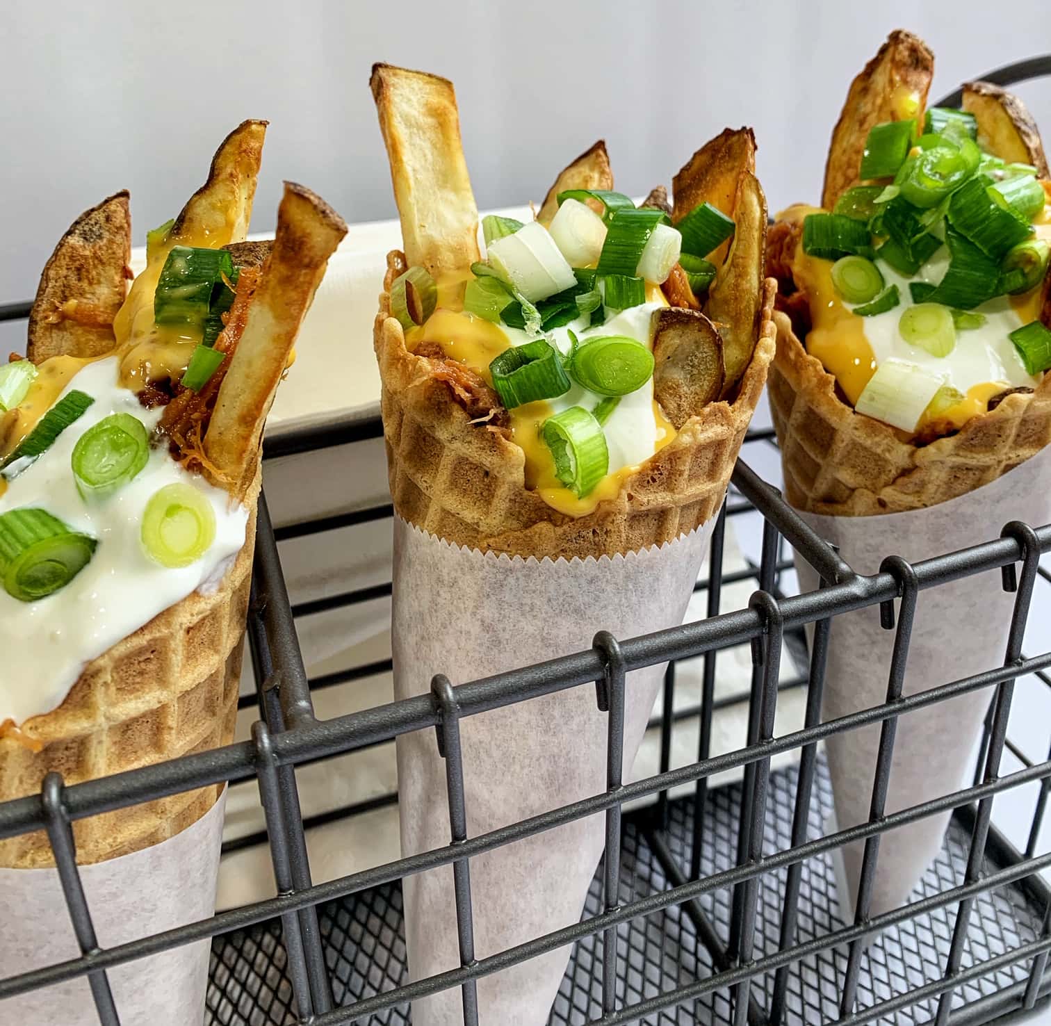 Pulled Pork Spicy Smothered French Fries in a Cone Food Truck Style