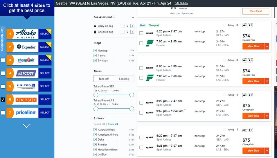 sample price from Airfare watchdog