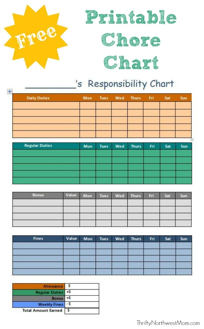 Free Printable Chore chart