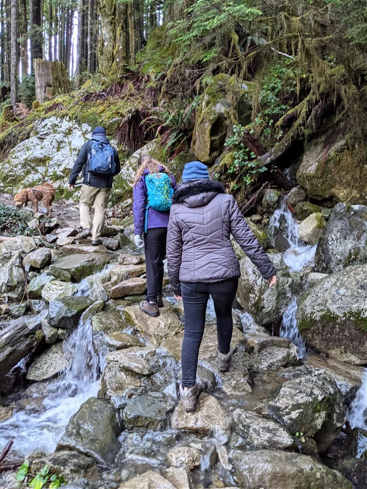 HIking thru a waterfall