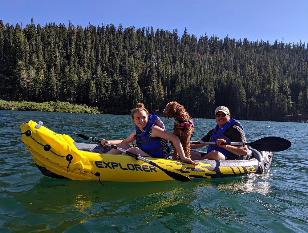 Kayaking near Lake Tahoe with Dog