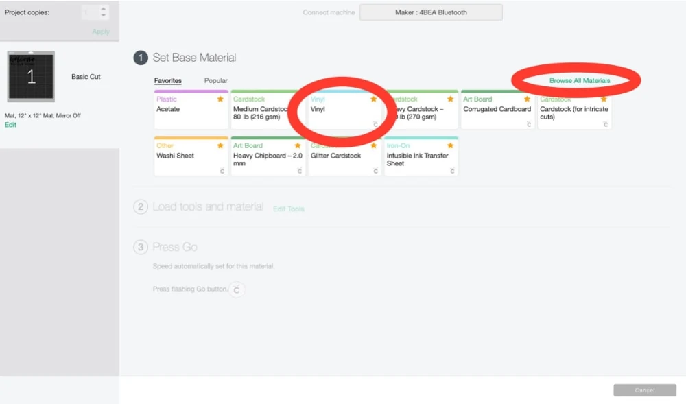 how to set the vinyl setting for cricut