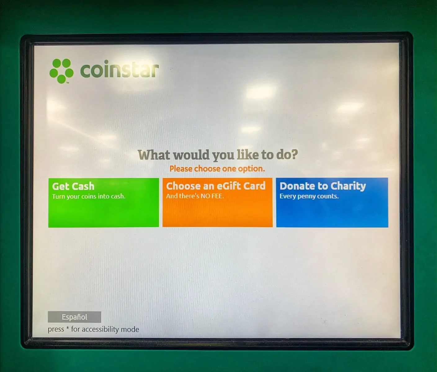 choose coinstar gift card, cash or donate