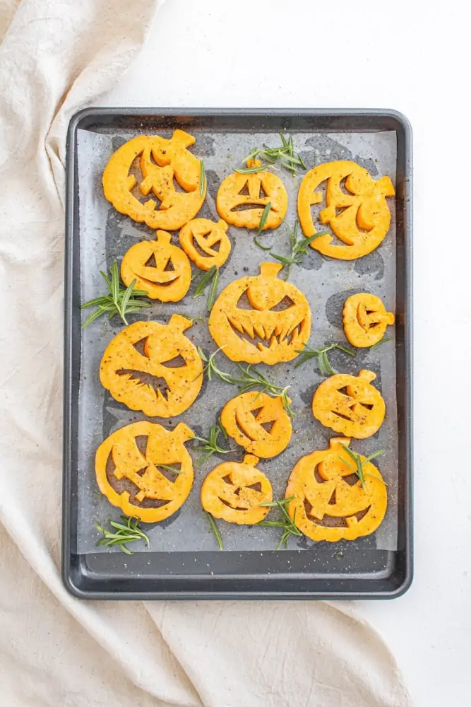 Sweet Potato Jack o Lantern Fries on Baking Sheet