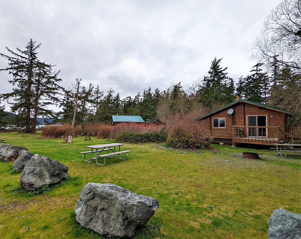 Beach cabins by boat launch at La Conner campground