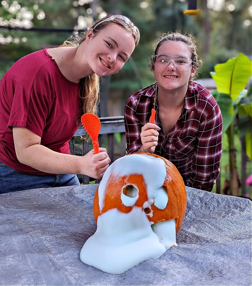 Girls with Elephant Toothpaste & jack o lantern