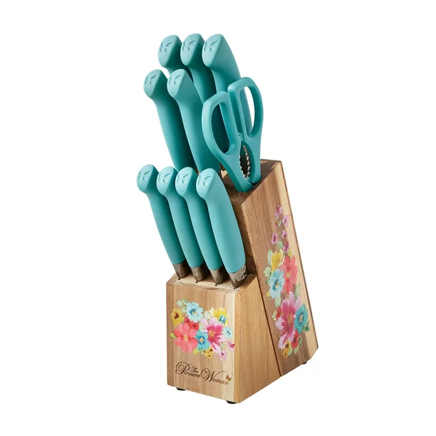 The Pioneer Woman Cowboy Rustic 14-Piece Forged Cutlery Knife Block Set,  Turquoise 