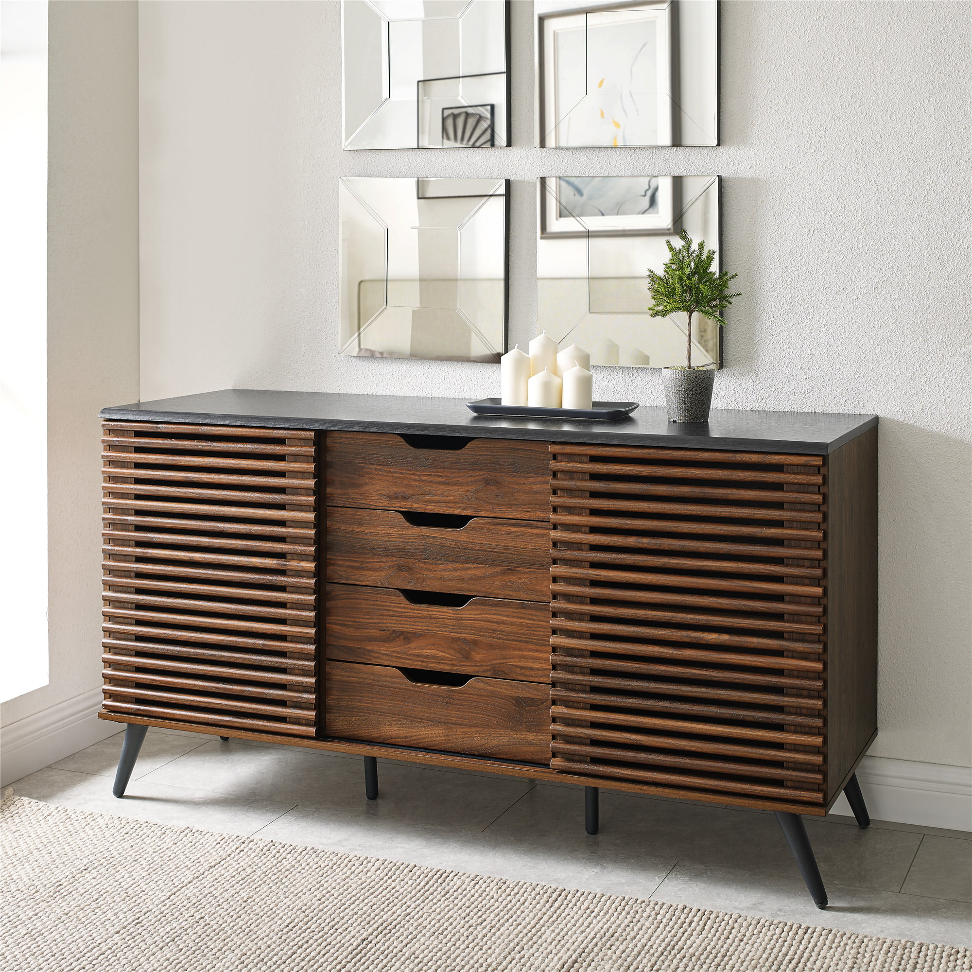 Manor Park Modern Two Toned Sliding Slat Door Sideboard, Dark Walnut