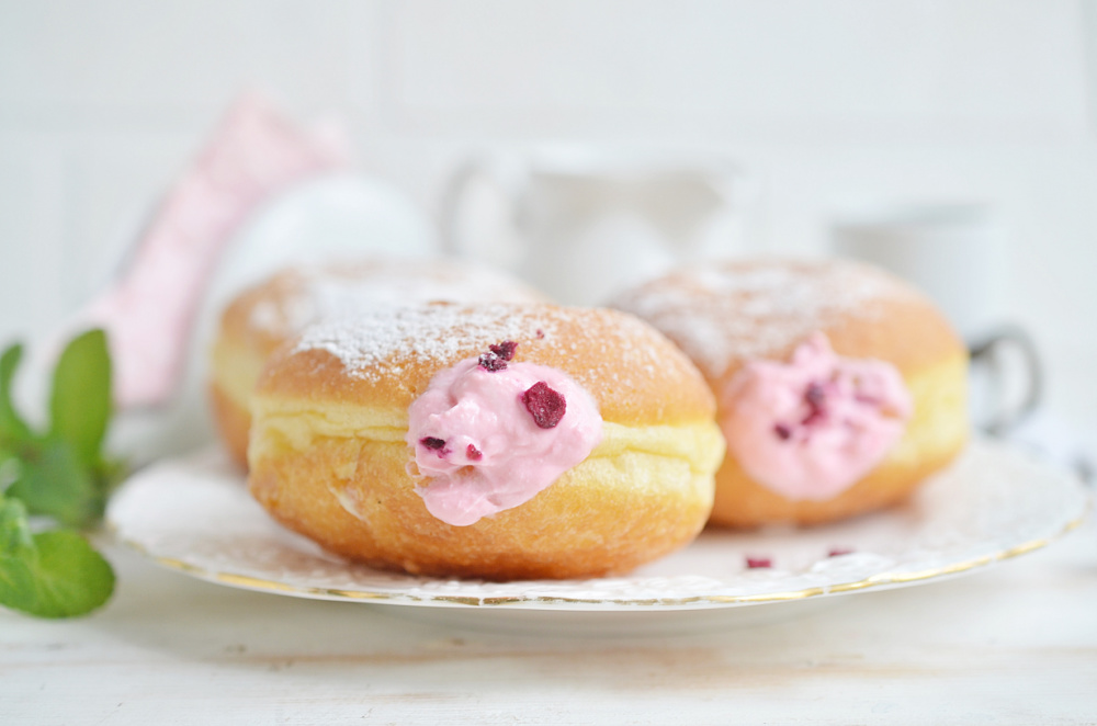 Close up of raspberry donuts