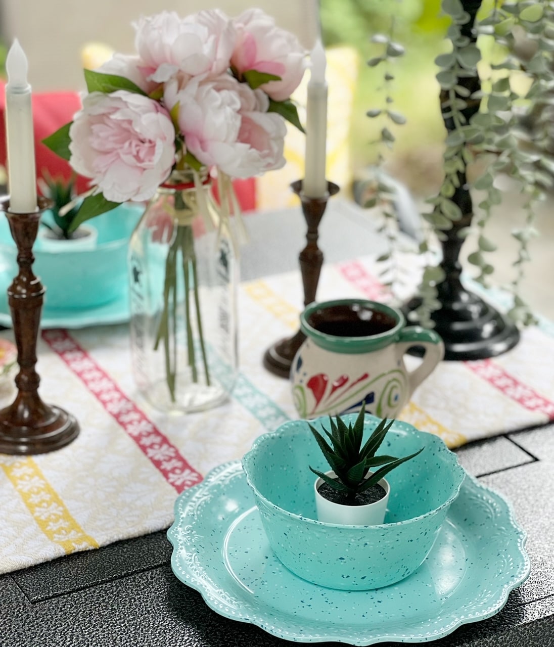 Outdoor table set with pioneer woman dishes